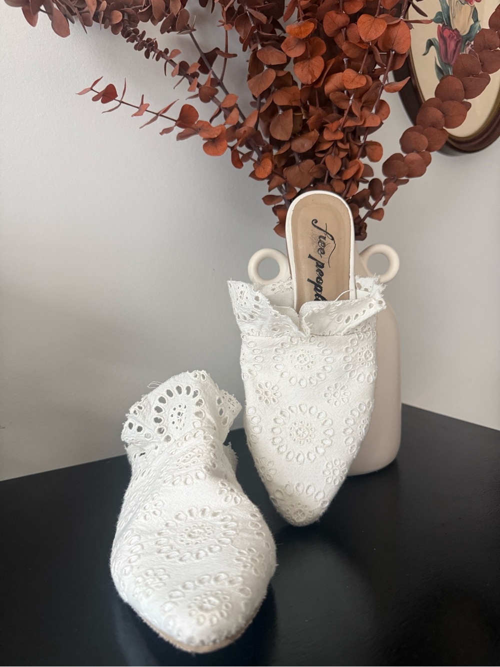 Free People White Eyelet Ruffle Mules